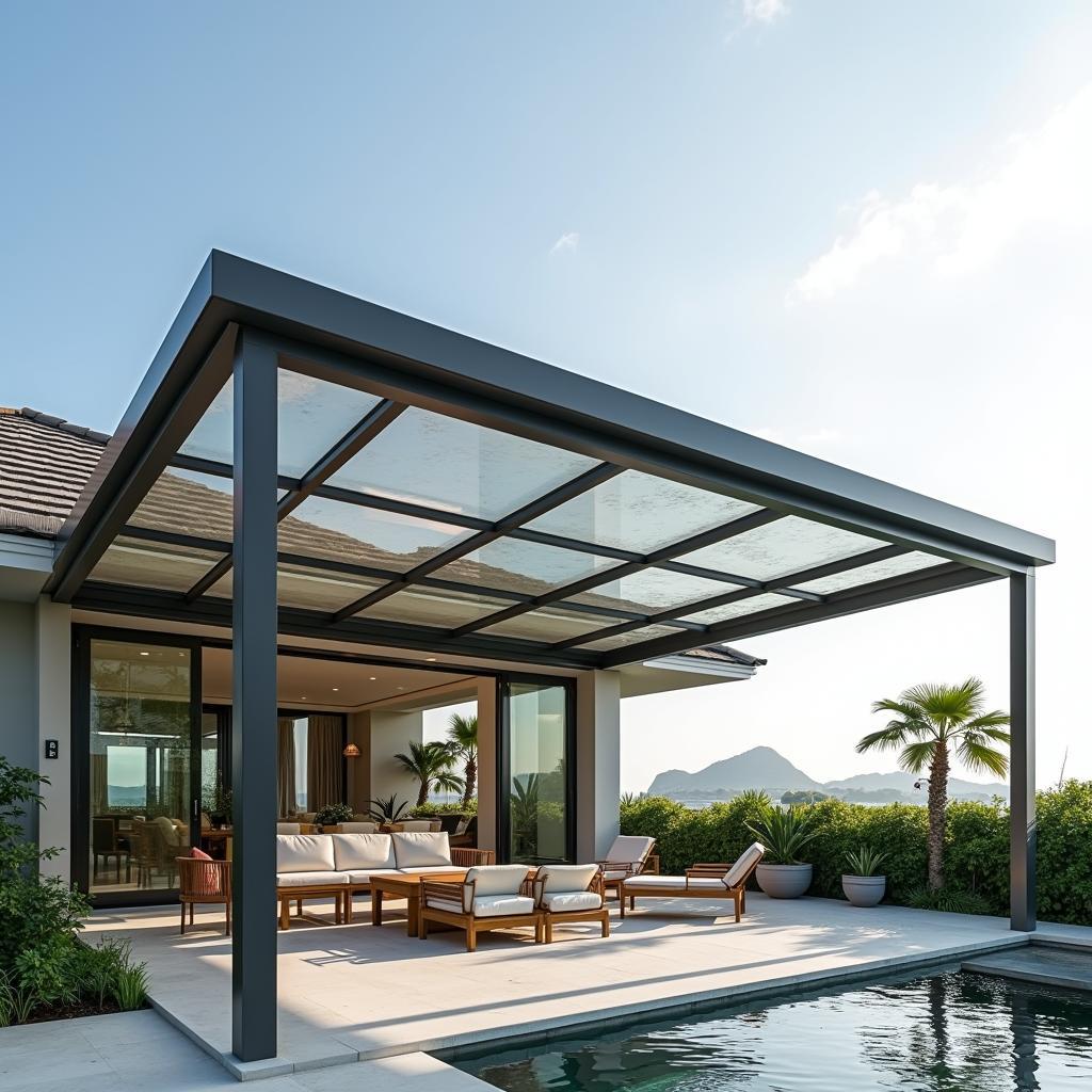 Mẫu mái che lấy sáng trên sân thượng biệt thự, sử dụng kính cường lực hoặc polycarbonate cao cấp.